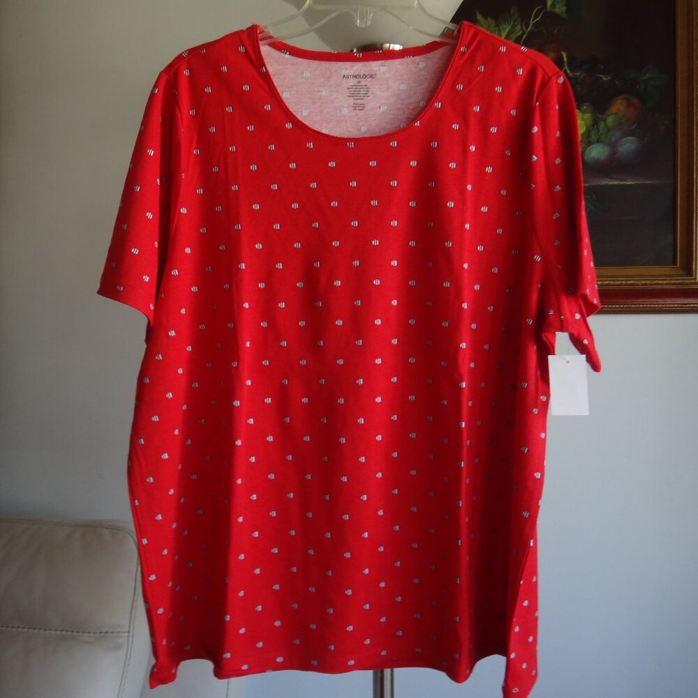 ASTROLOGIE Women's  Red Top w/White Circles-Stripes 100% Cotton NEW Size 2X